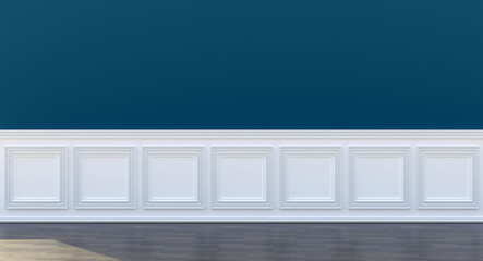 Classic white wainscot on empty blue wall. Retro panel wall and wooden floor room interior...