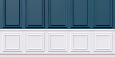 Wall beadboard wood decoration. Classic blue and white color wainscot Retro wooden panel background.