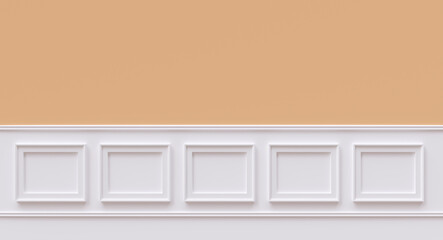 Wall beadboard wood decoration. Classic white color wainscot on yellow wall. Retro wooden panel background
