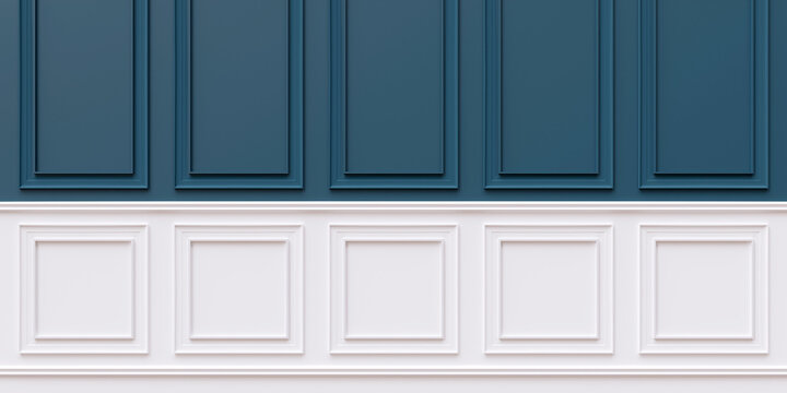 Wall beadboard wood decoration. Classic blue and white color wainscot Retro wooden panel background.