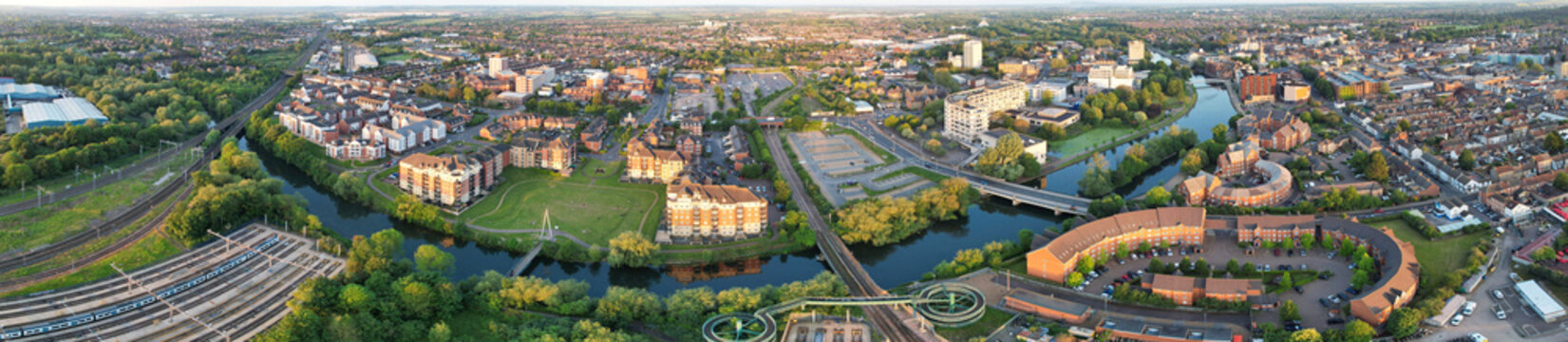 Gorgeous Aerial View of Central Bedford City of England Great Britain of UK. The Downtown's photo Was Captured with Drone's Camera from Medium Altitude from River Great Ouse on 27-May-2023. 