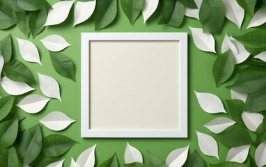 Fototapeta na wymiar creative layout, green leaves with white square frame, flat lay, for advertising card or invitation