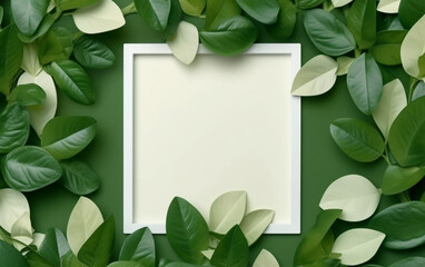 Fototapeta na wymiar creative layout, green leaves with white square frame, flat lay, for advertising card or invitation