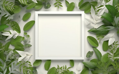 Naklejka premium creative layout, green leaves with white square frame, flat lay, for advertising card or invitation