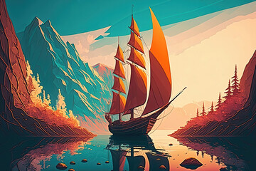 Sailing boat on the sea at sunset in autumn, illustration generative AI