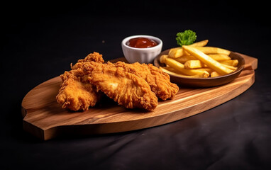 Crispy chicken with sauce and chips fried in wooden plate on reflective cement floor