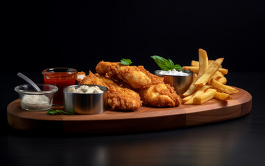 Crispy chicken with sauce and chips fried in wooden plate on reflective cement floor