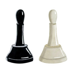 Hand drawn bishop chess pieces black and white watercolor illustration isolated on white background. Realistic figures for Chess day