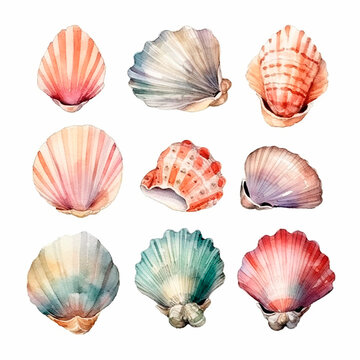 shell set watercolor on a white background created with Generative Ai