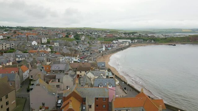 Aerial drone video of the coastal town Eyemouth