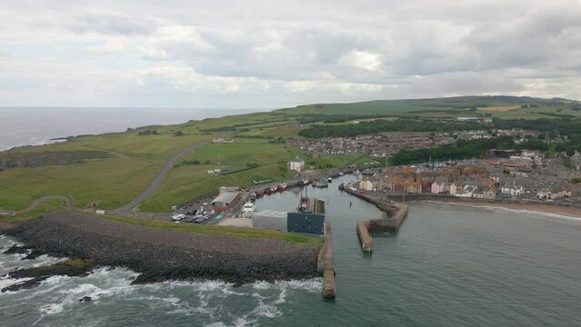 Aerial drone video of the harbour in Eyemouth Scotland