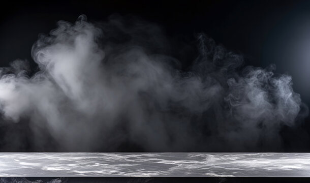 Empty black marble table with fog and smoke on a black background. High quality photo