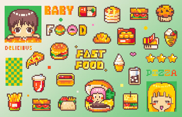 Pixel Art Retro Fast Food Set. 8bit retro style vintage bakery, sweets, drinks and snacks. sandwich, fries, ice cream, hot dog, muffin, nuggets, burger, pizza. Pack of emoji, stickers or badges.	