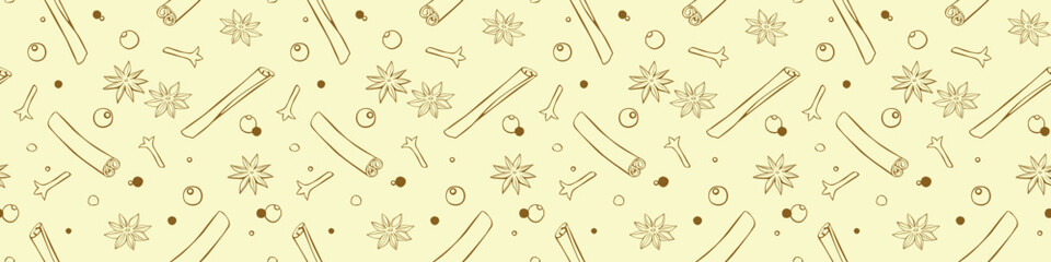 Vector seamless pattern of cinnamon sticks, star anise, carnation, pepper in doodle style. Background or texture of seasonings, food additive, spices