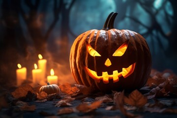 Fototapeta premium Halloween pumpkin head jack lantern on wooden background. Lit candle light. Generative AI. 