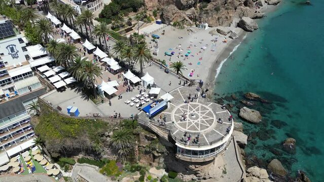 Drone view of Balcon de Europa platform, Nerja, Costa del Sol, Andalusia, Spain