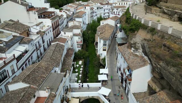 Drone footage of Setenil de Las Bodegas town in Andalusia, Spain
