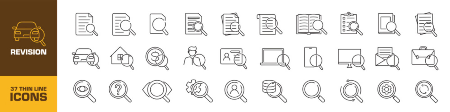 Revision icon set. Review icon set. Linear symbol.