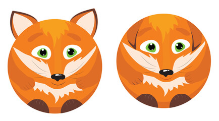 Two round cute foxes with raised and lowered ears. Vector image.
