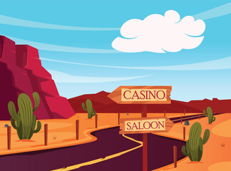 highway with desert and rock mountain view with signposted direction to casino