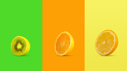 Creative layout of mixed fruit. Lemon with kiwi texture, orange with lemon texture and lemon with orange texture. Creative summer idea. Minimal fruit concept. Colorful background.