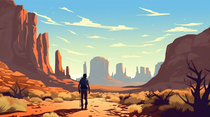 Fototapeta premium man journey trek adventure backpack travel landscape hike footprint desert walking. Generative AI.