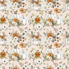 Hand-painted fall-themed digital paper. Pumpkins and flowers seamless pattern on a pastel pink background. Botanical wallpaper