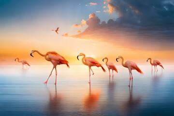 Fototapeta na wymiar flamingos at sunset