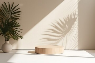 Natural Harmony Minimal Log Wood Podium Table in Sunlight. Generative AI