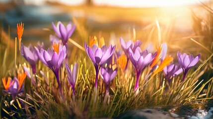 Wild flower Saffron crocuses meadow in spring