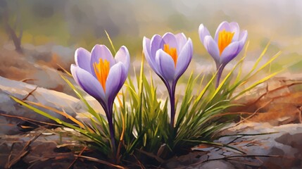 Painting art wild flower Saffron crocuses meadow in spring