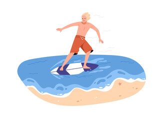 Happy active man skimming, surfing on skimboard. Surfer standing on water board in sea on summer holiday, vacation. Outdoor sport activity. Flat vector illustration isolated on white background