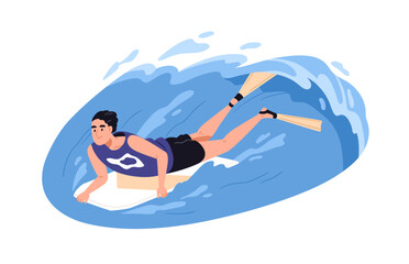 Bodyboarding in sea. Prone bodyboarder riding wave, surfing in water, lying on boogie board. Person in flippers during summer sport. Flat graphic vector illustration isolated on white background