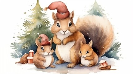 Watercolor illustration of Squirrel's family in the Santa's hat. Generative AI 