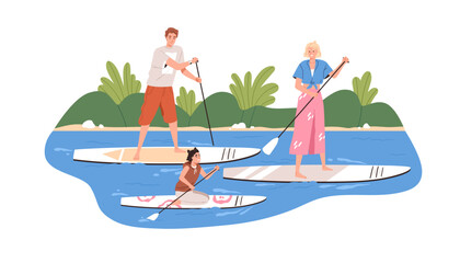 Obraz premium Family riding sup boards together. Parents and child on supboards with paddles, surfing, floating on water. Mother, father and kid in summer. Flat vector illustration isolated on white background