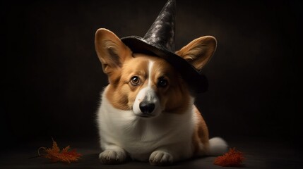 Corgi in a witch's hat on Halloween. Generate AI