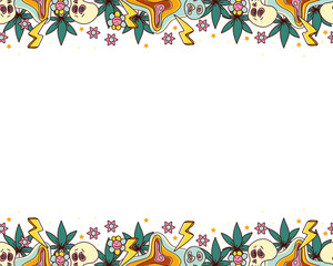 Fototapeta premium Groovy doodles frame. 70s Hippies hand drawn elements.