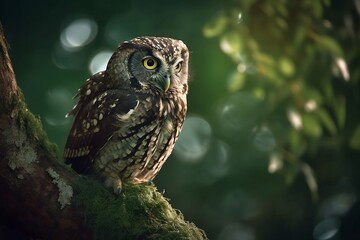 Owl on tree green boke background. Generative AI