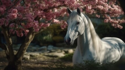 Naklejka na ściany i meble White horse under sakura tree. Generative AI
