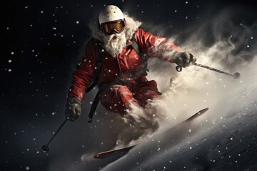 Santa Claus arrives skiing through the snow, a special illustration for Christmas. Generative AI