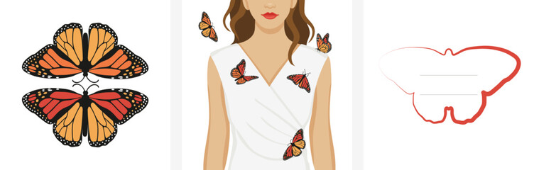 Beautiful set cards with butterflies and young lady in white dress excellent for special events. Flat style. Vector illustration