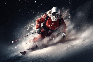 Fototapeta na wymiar Santa Claus arrives skiing through the snow, a special illustration for Christmas. Generative AI