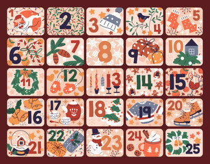 Fototapeta premium Advent calendar design for winter holiday. Christmas eve countdown, december cards with day numbers. Xmas and New Year planner, noel decoration, festive stickers for gifts. Flat vector illustration