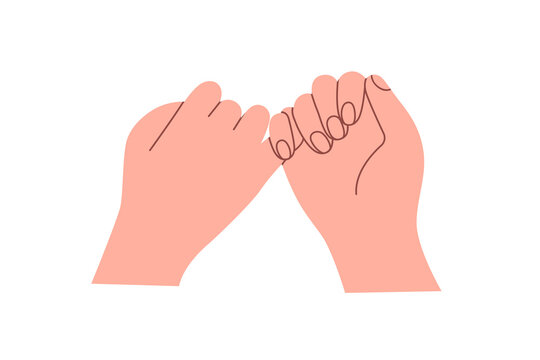 Hands crossing tow little fingers for promise, making peace. Two pinkies swearing, pledging together. Reconciliation, reunion, trust concept. Flat vector illustration isolated on white background