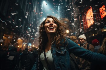 Fototapeta premium City square erupts in cheers and confetti at midnight on New Year's Eve. Generative AI