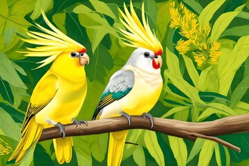 Vibrant avian pair nestled amidst the foliage, engaged in spirited chatter.