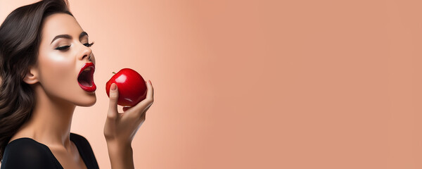 Beautiful young woman holding a red apple - symbolic of sin and temptation banner - obrazy, fototapety, plakaty