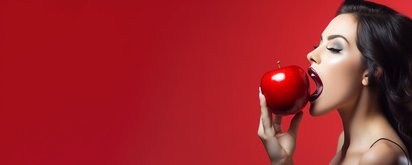 Beautiful young woman holding a red apple - symbolic of sin and temptation banner