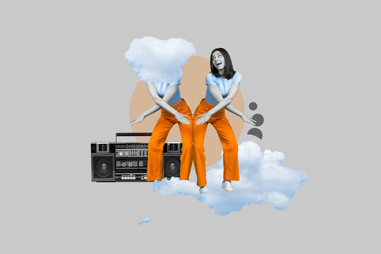 Full body collage photo of young crazy funky woman dancing boogie woogie listen retro boombox party drunk girl isolated on grey background