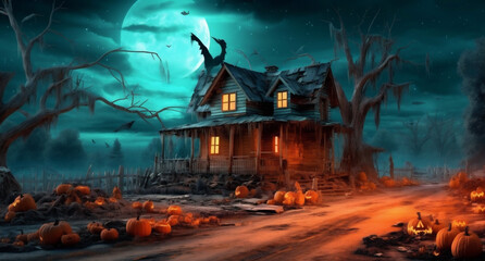 moon bat grave night holiday halloween pumpkin dark cemetery horror. Generative AI.
